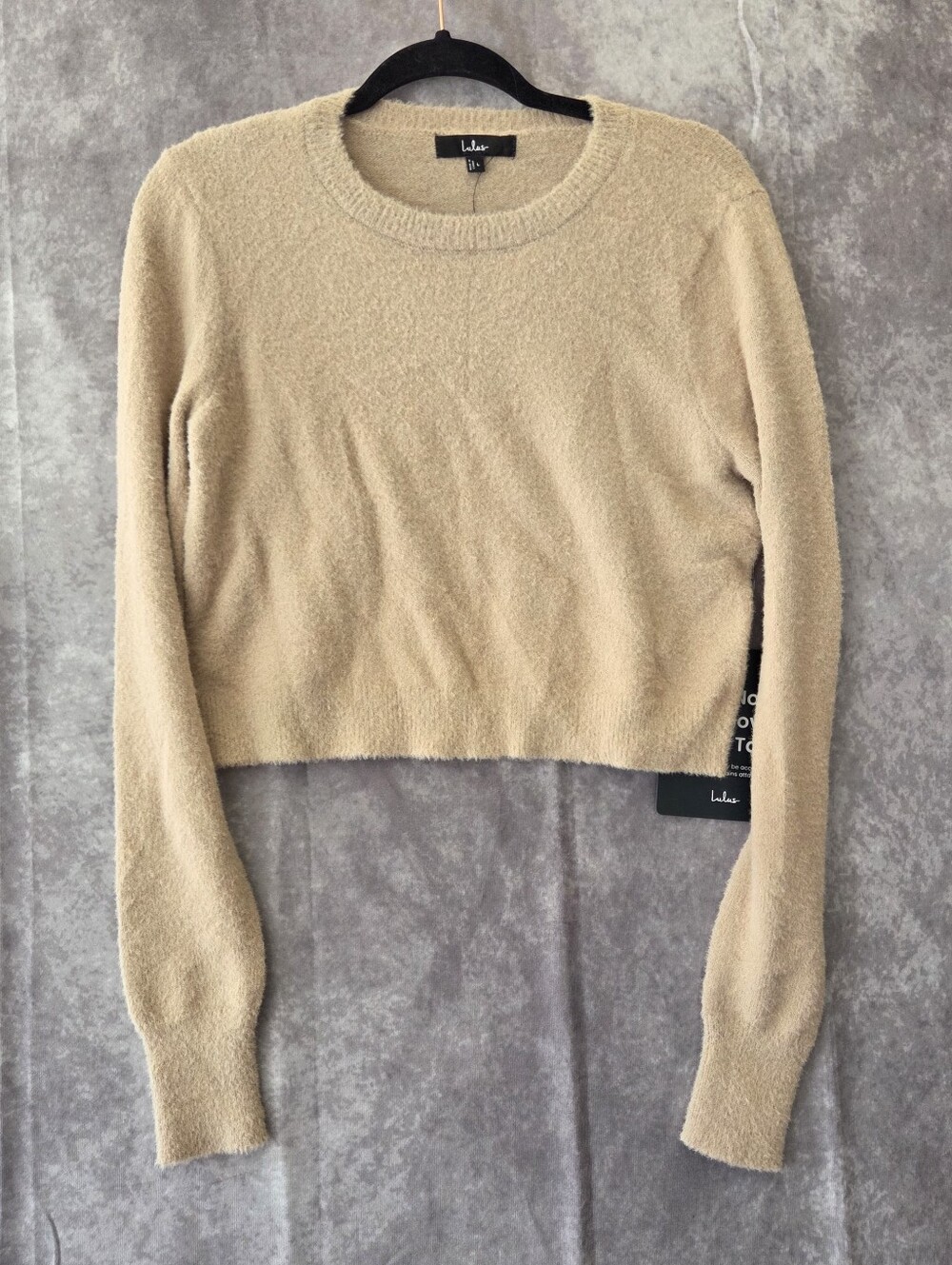 Lulus Fuzzy Knit Cropped Crewneck Sweater Tan Beige Size Large L NWOT
